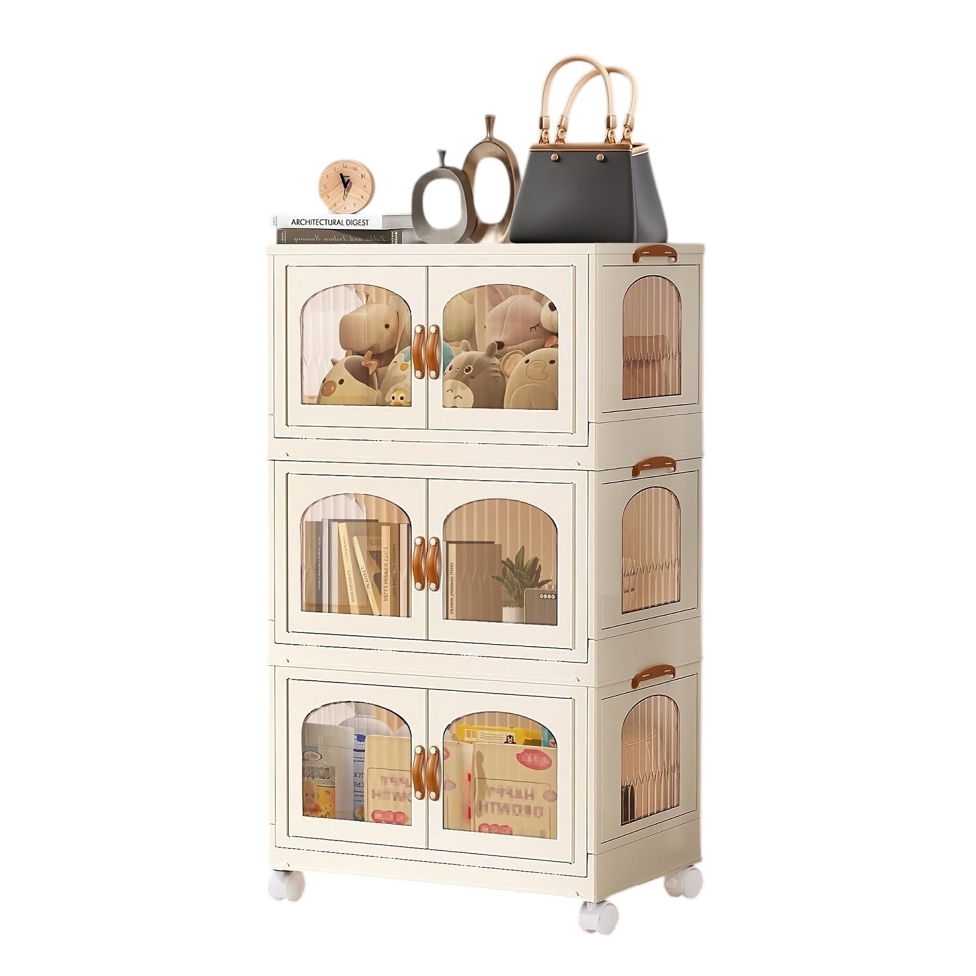3-Tier Stackable Storage Cabinet, Portable Collapsible Container Box with Wheels for Home, Kitchen, Bathroom, Office (Clear) - YT7013-1 3-Tier Stackable Storage Cabinet, Portable Collapsible Container Box with Wheels for Home, Kitchen, Bathroom, Office (Clear) - YT7013-1